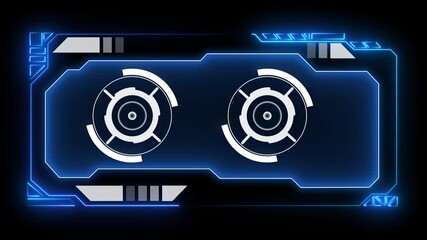Animated futuristic HUD (Heads-Up Display) featuring dual rotating target elements and blue digital interface. displaying rotating radar-style circles and a grid layout. 4k video