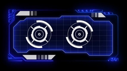 Animated futuristic HUD (Heads-Up Display) featuring dual rotating target elements and digital interface. displaying rotating radar-style circles and a grid layout. 4k video - Powered by Adobe