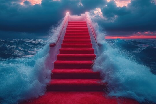 A dramatic red carpet staircase descends into the ocean, with powerful waves crashing against its base. Evokes luxury, power, and the raw force of nature.
