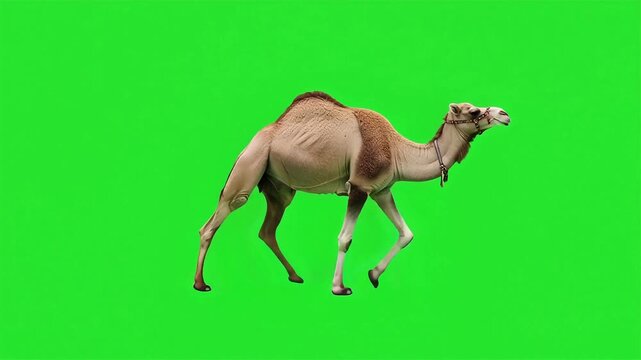 Majestic camel walking cycle view loop confidently with a green screen background for your creative desert adventures and travel stories, ready to be edited	