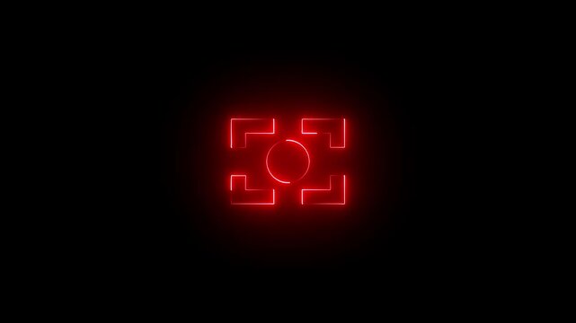 Neon animation of a targeting reticule icon animation on black background. used in camera interfaces and navigation. Suitable for security systems, drones, focus, or sensor technology.