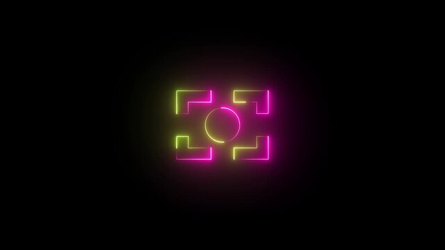 Neon animation of a targeting reticule icon animation on black background. used in camera interfaces and navigation. Suitable for security systems, drones, focus, or sensor technology.