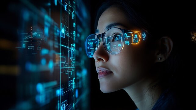 Woman in augmented reality glasses future technology ai interface digital data visualization concept