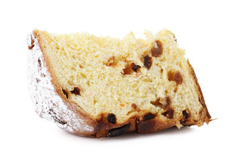Piece of tasty panettone cake isolated on white. Christmas food