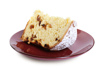 Piece of tasty panettone cake isolated on white. Christmas food