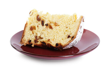Piece of tasty panettone cake isolated on white. Christmas food