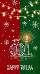 happy yalda greeting card with pomegranate, candle and snowflake illustration in red and green colors vertical