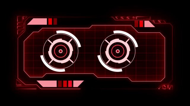 Animated futuristic HUD (Heads-Up Display) featuring dual rotating target elements and red digital interface. displaying rotating radar-style circles and a grid layout. 4k video