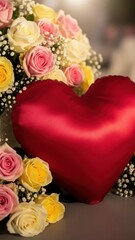Vibrant red heart pillow nestled among beautiful pink yellow and white roses for romantic celebration