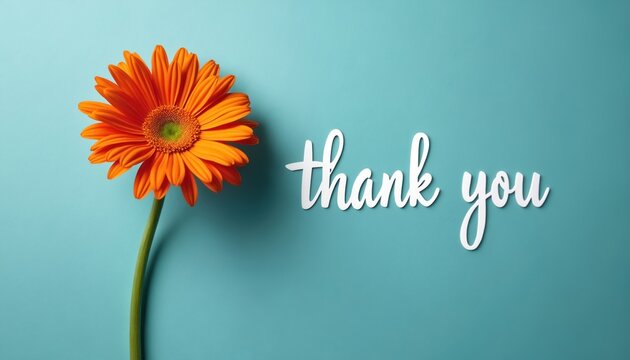 Single orange gerbera flower with green center, stem stands against bright teal background beside white handwritten words thank. Floral graphic represents gratitude, appreciation for cards notes.