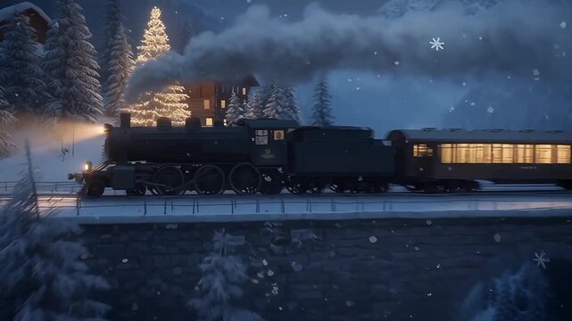 Experience the magic of a snowy winter wonderland with a vintage train journey through the mountains, perfect for holiday promotions and seasonal campaigns