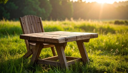 Fototapeta premium Rustic Wooden Table and Chair in Sunny Meadow.