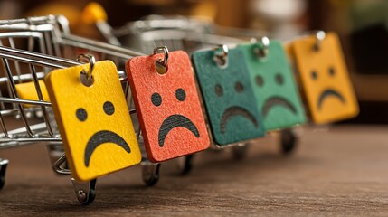 Shopping carts adorned with colorful sad face tags convey a message about consumer dissatisfaction and the emotional connection people have with their purchases and shopping experiences.