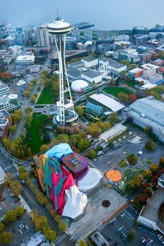 An aerial view from a helicopter of the Space Needle and Museum of Pop Culture 10-23-2015