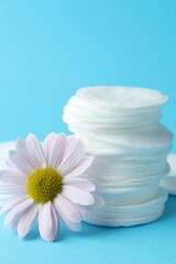 Clean cotton pads and daisy flower on light blue background, closeup