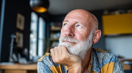 Reflecting in a cozy interior, an older gentleman with a thoughtful expression enjoys a moment of contemplation, surrounded by modern decor and natural light streaming through windows.