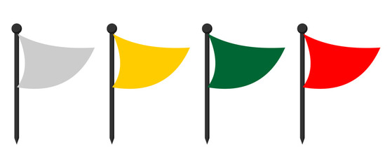 Set of Colorful Pointer Flags Vector Icon Pack. Collection of Marker Flags in Red, Green, Yellow, and White, Ideal for Location, Sports, or Navigation Graphics.