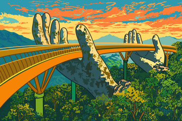 Golden Bridge in Vietnam. Vector vibrant landscape