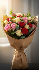 Beautiful vibrant mixed rose bouquet wrapped in brown paper for romantic celebration or heartfelt gift
