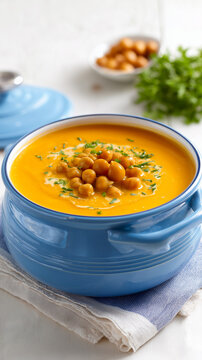 Creamy chickpea soup topped with chickpeas