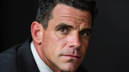 Fototapeta premium Intense portrait of a confident man in a suit, showcasing his sharp features and thoughtful expression against a dark background, capturing a moment of deep contemplation and focus.