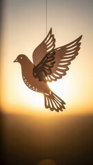 Beautiful decorative dove ornament silhouetted against a vibrant golden sunset sky symbolizing peace hope and freedom