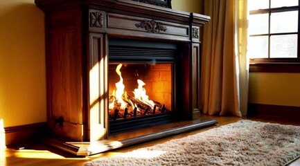 Cozy fireplace with flames in a warm living room setting  