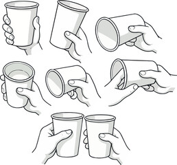 set of icons of paper cups for drinks in different perspectives held by human hands in vector style in gray colors