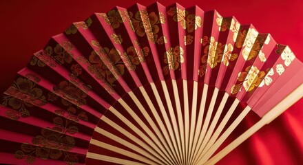 Traditional Chinese paper fan with golden floral patterns on a vibrant red background for Chinese New Year celebration concept and cultural heritage