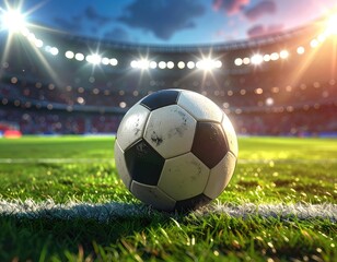 Fototapeta premium Soccer ball on green grass at stadium, illuminated by bright lights, with blurred crowd