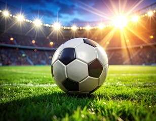 Naklejka premium Soccer ball on green grass, stadium lit with bright floodlights