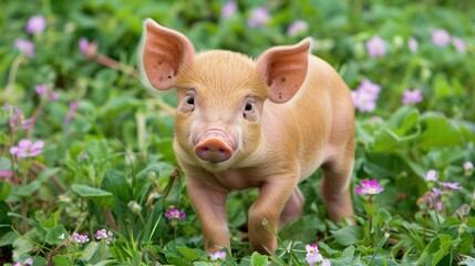 Fototapeta premium Cute Piglet Standing in Green Field with Pink Flowers in Natural Light