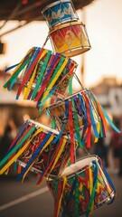 Vibrantly colored small drums adorned with flowing ribbons stacked vertically for a festive street celebration