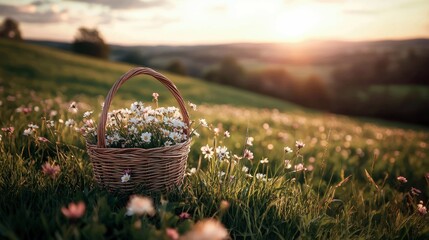 A wicker basket filled with white flowers sits in a field of wildflowers on a grassy hillside, bathed in the warm light of a sunset.