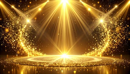 Stage opening golden stage glitter with spotlights and luxury gold light streak. Particle luxury for ceremony background
