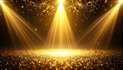 Stage opening golden stage glitter with spotlights and luxury gold light streak. Particle luxury for ceremony background
