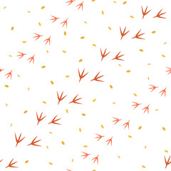 Unique pattern of bird tracks and seeds scattered on a white background in a nature-inspired design