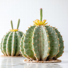 Barrel cacti with yellow blooms in bright studio setting