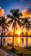 Obraz premium Sunset over city skyline with palm trees & golden water reflection