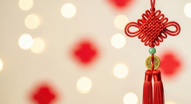 Vibrant red traditional Chinese knot ornament with ancient coin detail against blurred festive bokeh lights for Chinese New Year prosperity concept. - Powered by Adobe