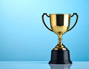 Shiny gold trophy on a blue background. Award or prize concept