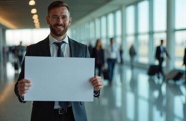 Smiling man in business suit holds blank sign at airport terminal. Businessman waits for arrival or departure. People travel in modern aerodrome concourse with luggage.