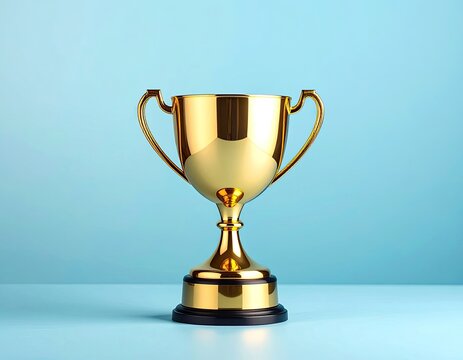 Golden trophy on a light blue surface, a symbol of achievement and victory