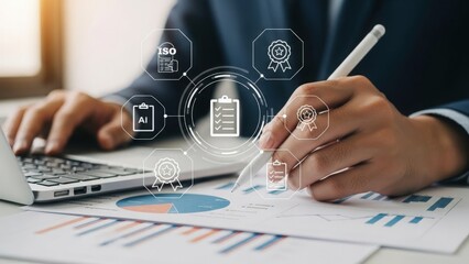 Business person analyzing financial data and reports for quality management and compliance with digital icons