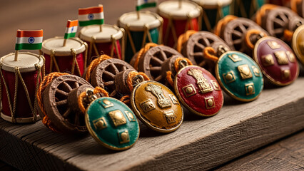 Handcrafted Indian Souvenirs and Miniatures on a Wooden Surface.