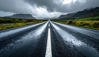 Wet, reflective highway stretches into the distance under a dramatic, cloudy sky
