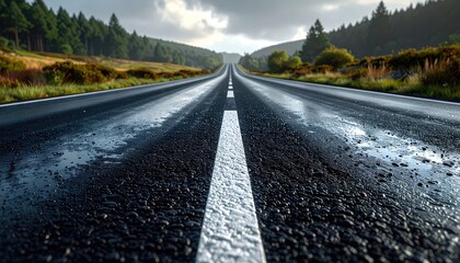 Road stretching to horizon, flanked by green trees, overcast sky