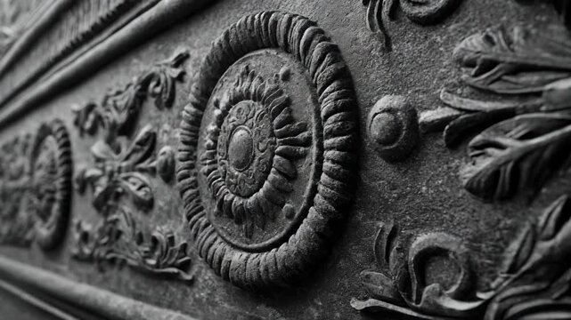 Closeup of intricate basrelief panels showcasing detailed 3D engraving with elevated designs adding depth and texture to the surface.