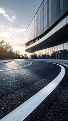 Modern glass building with curved facade, asphalt road. Sunny sky background