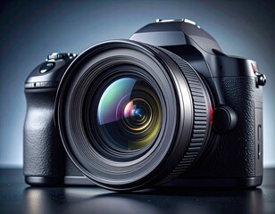 Close-up of a sleek black digital camera with a large lens, focus on glass